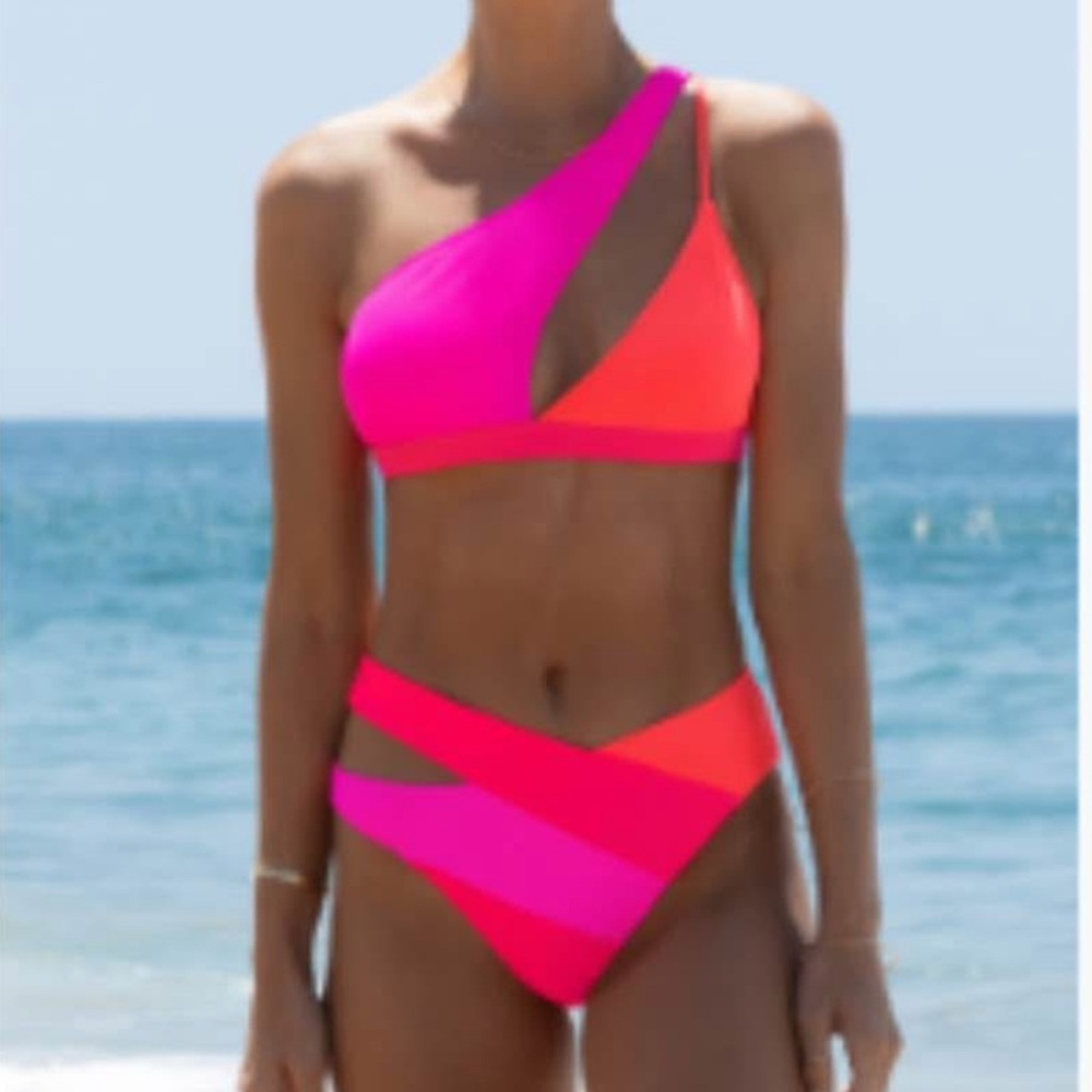 Bold Pink and Orange Color-Block Bikini